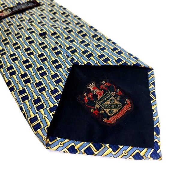 Paolo Gucci Blue Yellow Silk Tie Woven‎ Geometric "Chain" Print - Picture 4 of 7